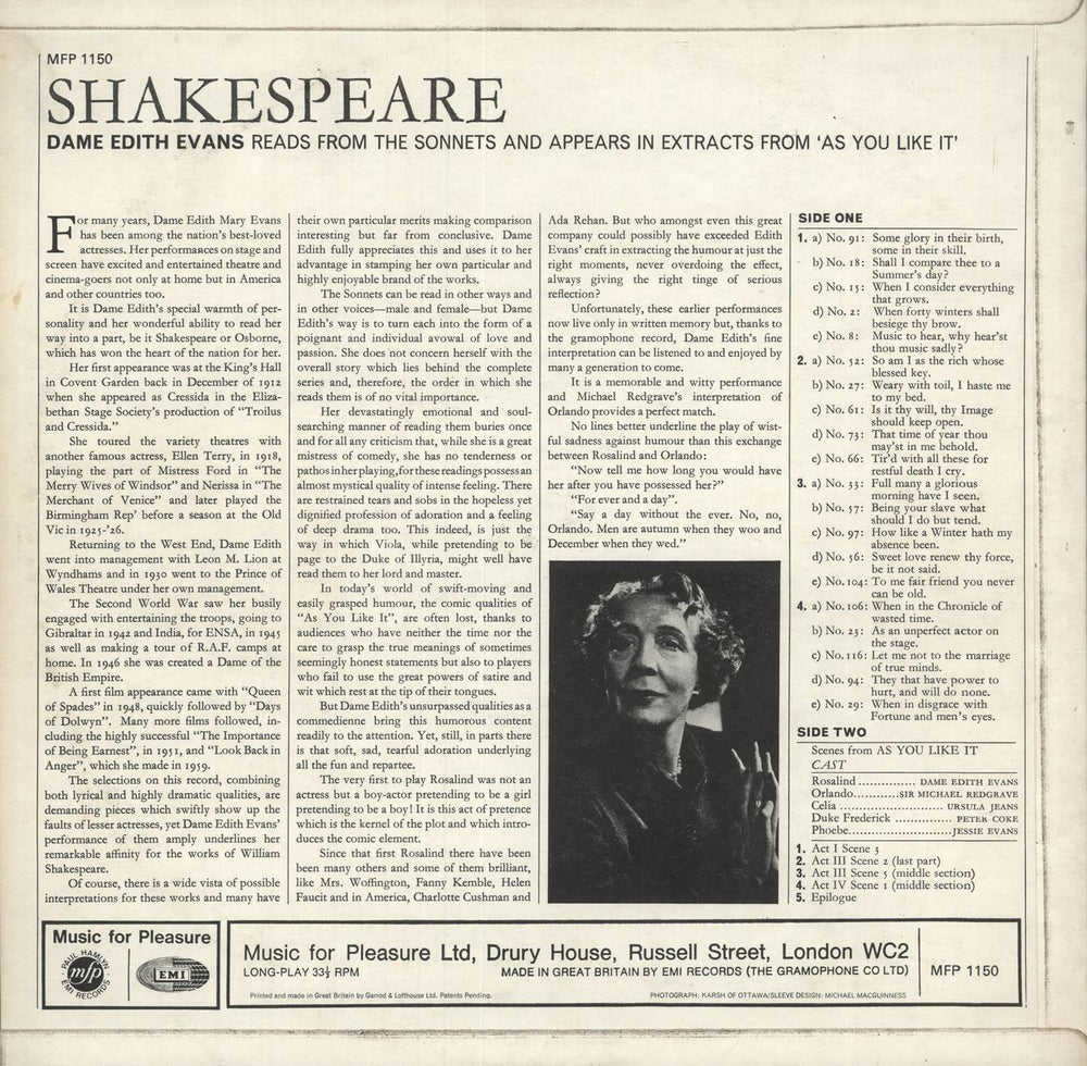 William Shakespeare Shakespeare: Dame Edith Evans Reads From The Sonnets UK vinyl LP album (LP record)