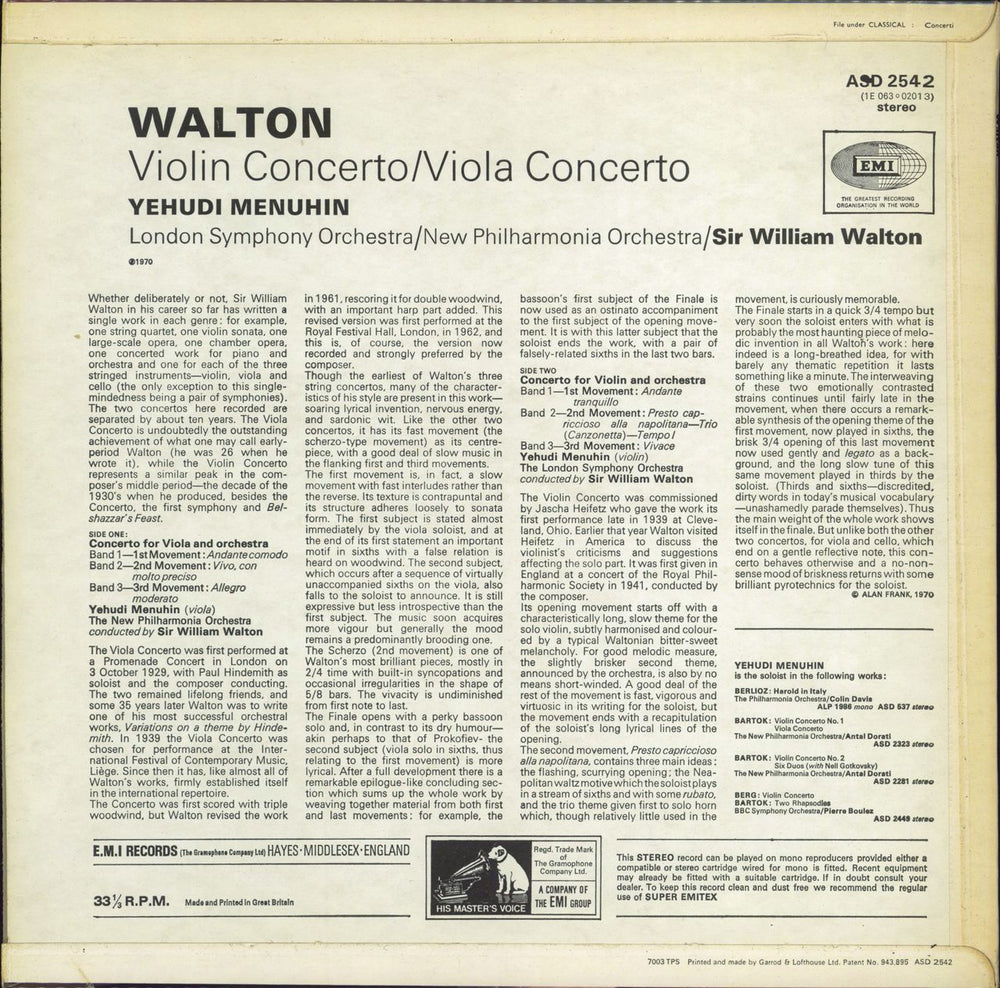 William Walton Violin Concerto / Viola Concerto UK vinyl LP album (LP record)