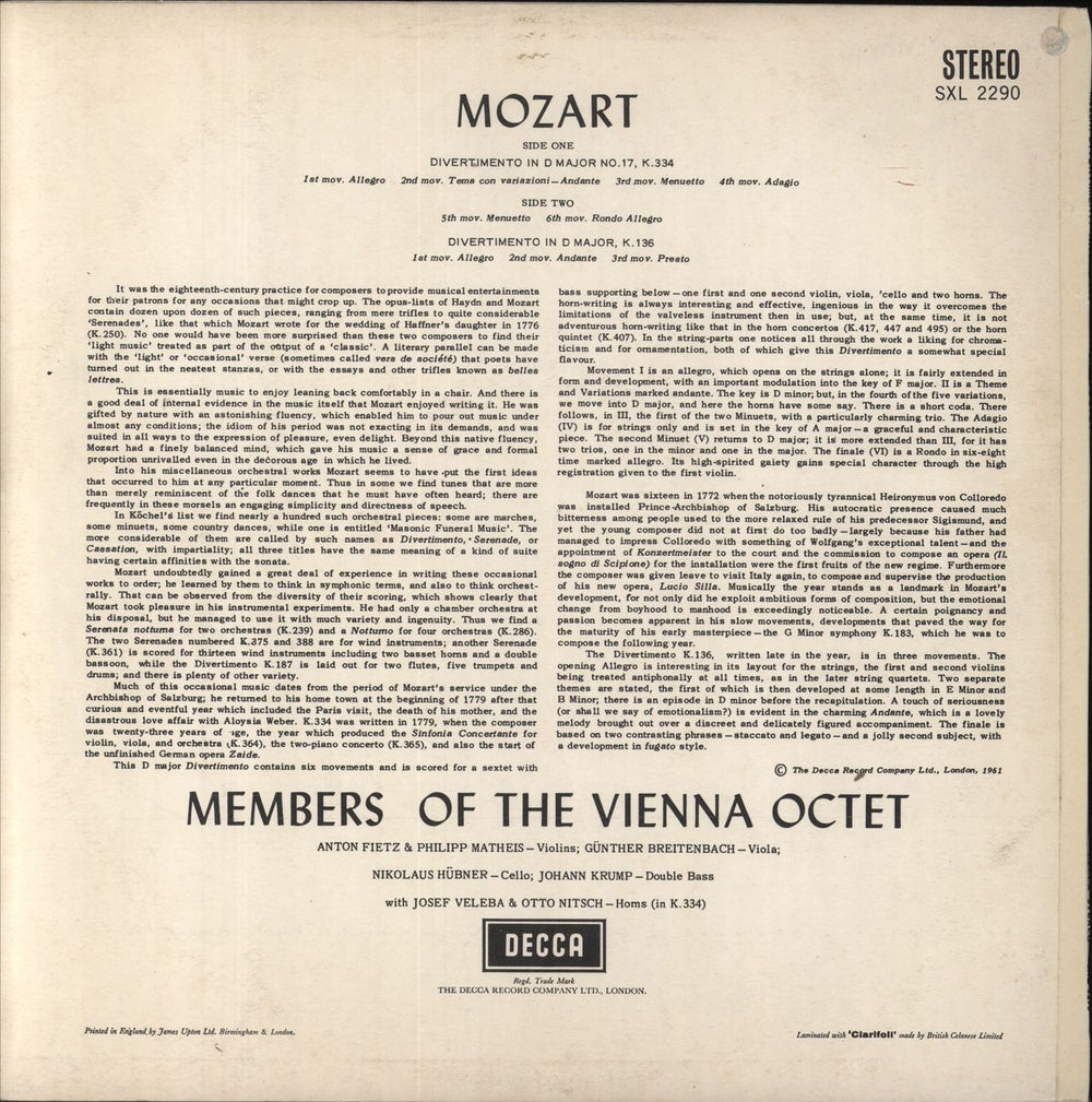 Wolfgang Amadeus Mozart Divertimenti K.334 & K.136 UK vinyl LP album (LP record)