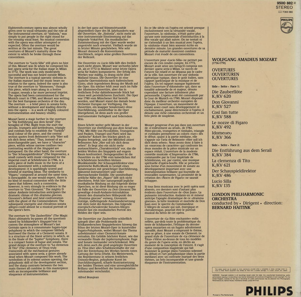 Wolfgang Amadeus Mozart Overtures Dutch vinyl LP album (LP record)