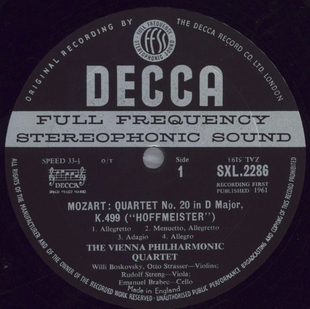 Wolfgang Amadeus Mozart Quartet No. 20 In D Major K.499 (Hoffmeister) / Quartet No. 22 In B Flat Major K.589 UK vinyl LP album (LP record) WZMLPQU826114