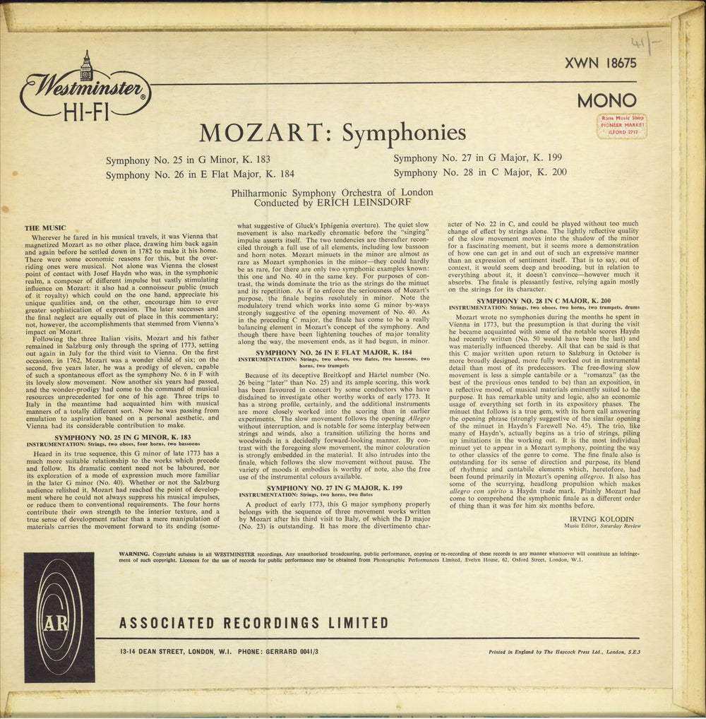 Wolfgang Amadeus Mozart Symphonies Nos. 25, 26, 27 & 28 UK vinyl LP album (LP record)