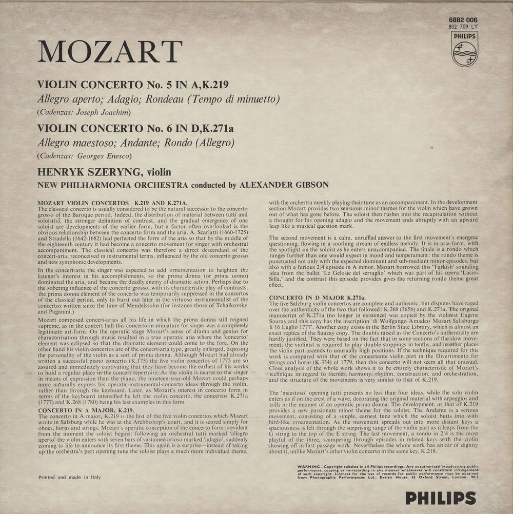 Wolfgang Amadeus Mozart Violin Concerto No. 5 In A, K. 219 / Violin Concerto No. 6 In D, K. 271a Italian vinyl LP album (LP record)